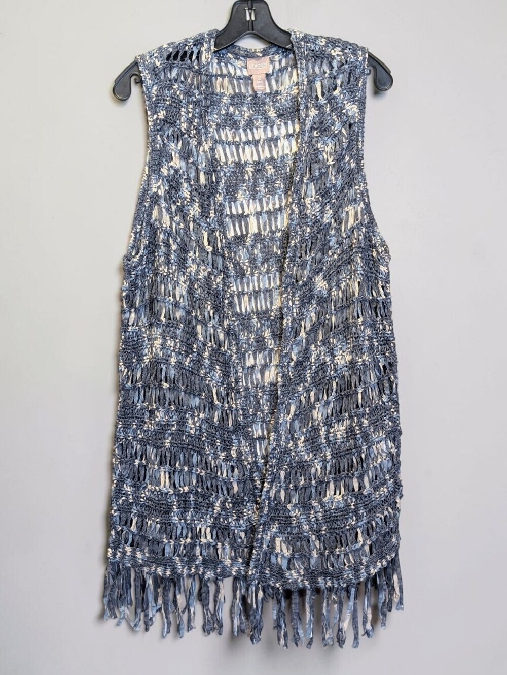 Chico's Blue Open Knit Long Fringe Duster Vest Cardigan Size 2 L/XL